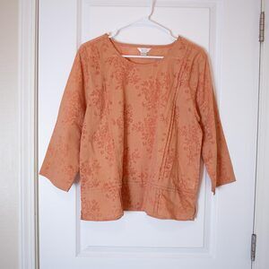 Burnt Peach Burnout Blouse Floral 3/4 Sleeve Sheer Layering Top XL | Soft Autumn
